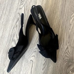 Zara Faux Suede Slingback With Bow Shoes Black 2231/810